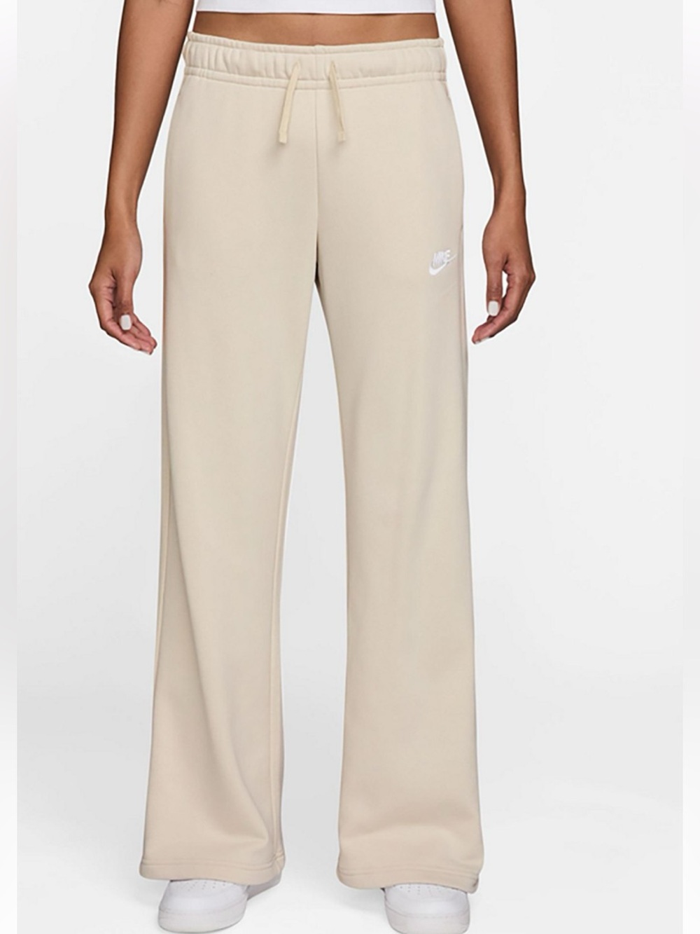Nike Beige Wide-Leg Fleece Pants with White Logo